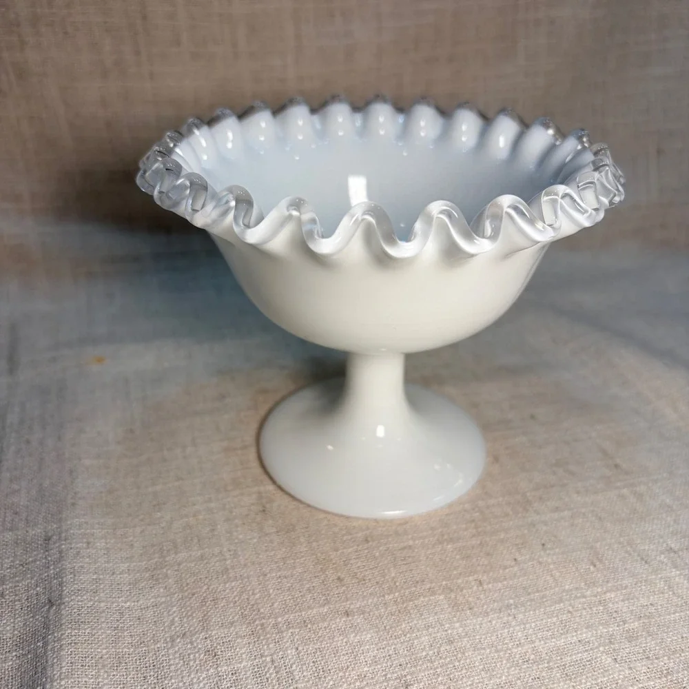 Fenton White Milk Glass Ruffled Edge Footed Candy‎ Dish Compote Bowl